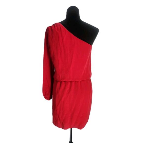Mason Women's Size 2 One Shoulder Ruched Elastic Waist Silk Mini Dress Red - Picture 4 of 13